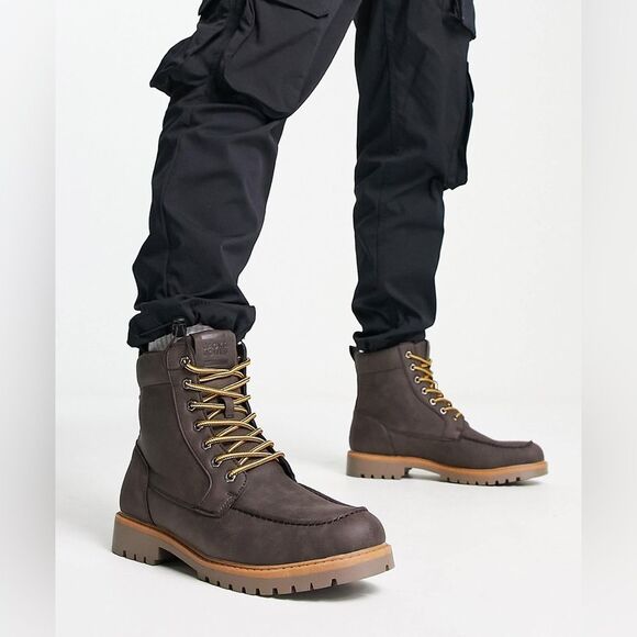 Jack & Jones faux leather brown size 8 lace up‎ boots in cognac brown NWT in box main image 8